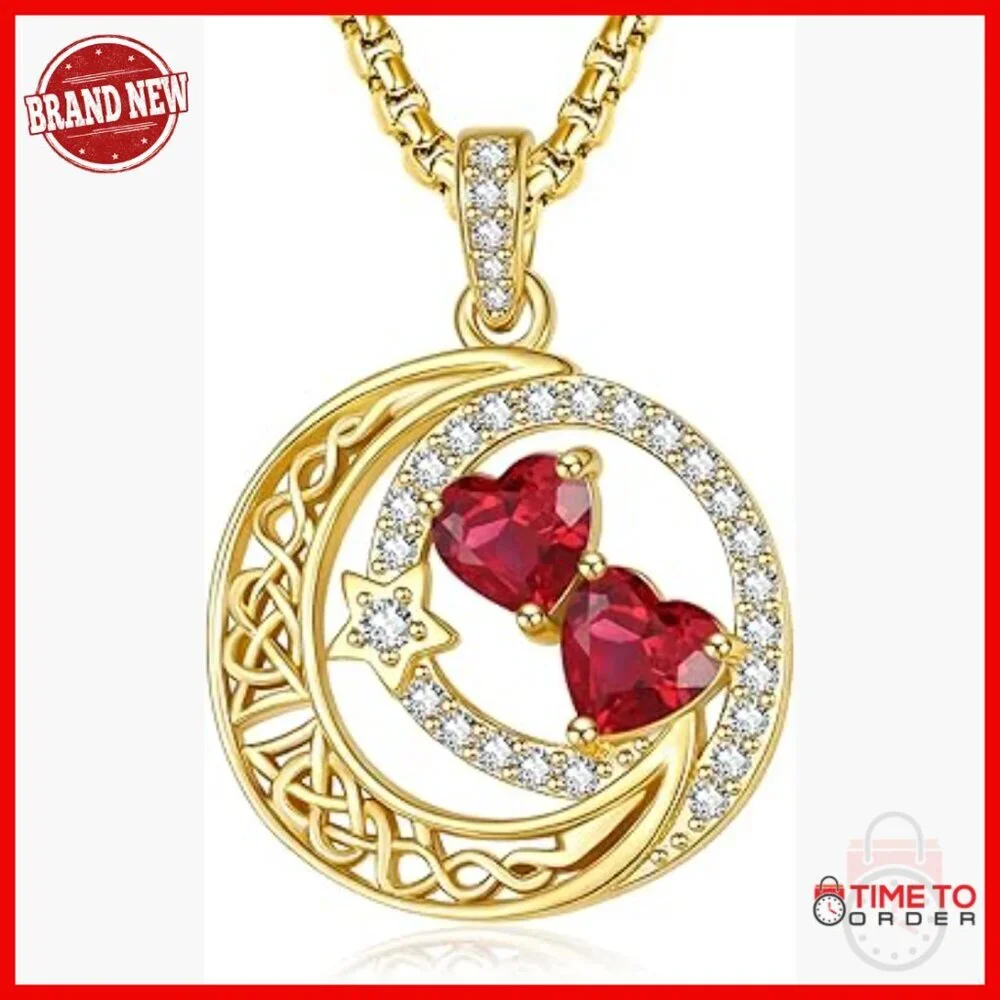 14K Gold Plated Moon Star Double Heart Birthstone Necklace Adjustable Chain